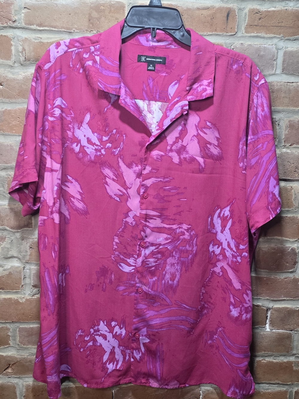 INC Men’s XL Pink Magenta Abstract Floral Button Down Camp Shirt Short Sleeve